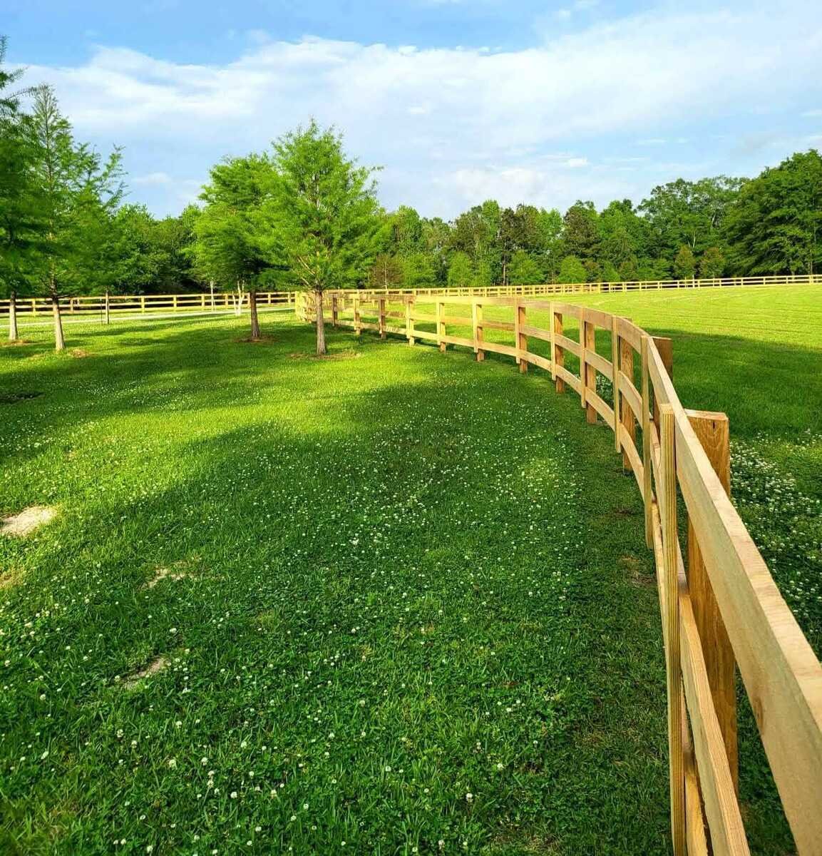 Board fence curving across an open pasture