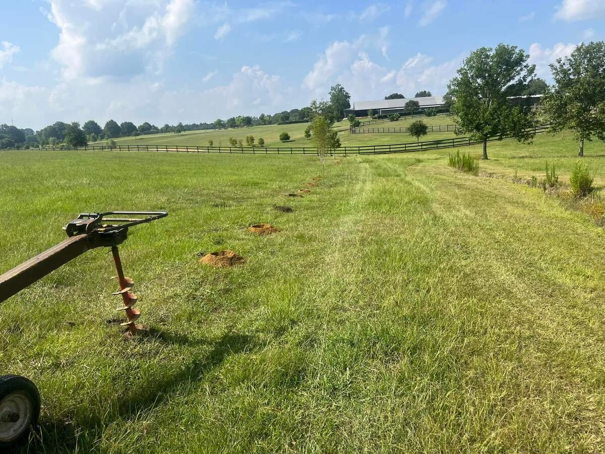 Post holes dug along a pasture line with a tractor auger