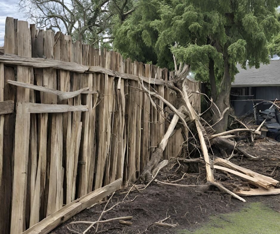 Wood fence knocked down and splintered by a fallen tree
